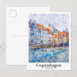 Copenhagen Denmark Art Travel Watercolor Sketch Postcard
