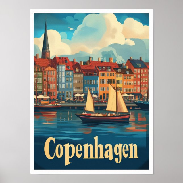Copenhagen Denmark Art Vintage Travel Illustration Poster (Front)