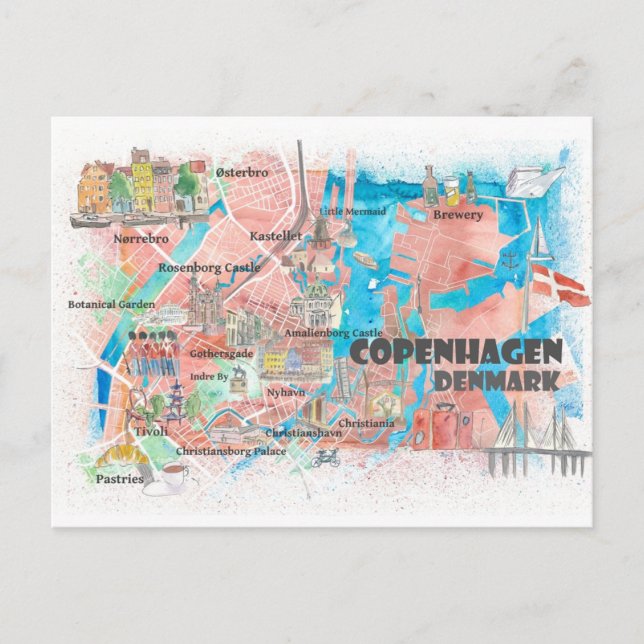 Copenhagen Denmark Illustrated Map with Main Roads Postcard (Front)