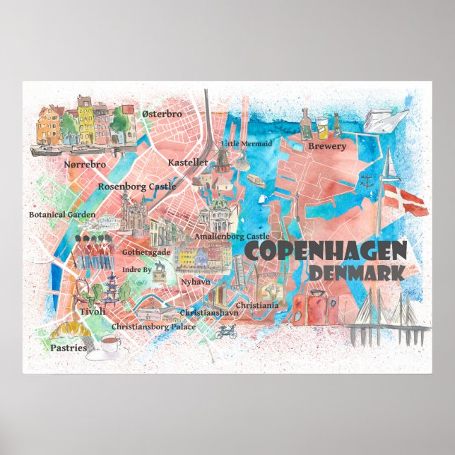 Copenhagen Denmark Illustrated Map with Main Roads Poster (Front)