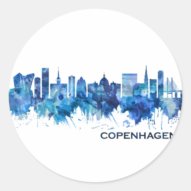 Copenhagen Denmark Skyline Blue Classic Round Sticker (Front)