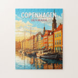Copenhagen Denmark Travel Art Vintage Jigsaw Puzzle<br><div class="desc">Copenhagen retro vector travel design. Copenhagen,  Denmark’s capital,  sits on the coastal islands of Zealand and Amager. It’s linked to Malmo in southern Sweden by the Öresund Bridge.</div>