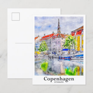 Copenhagen Denmark Travel Watercolor Hand Drawn Postcard