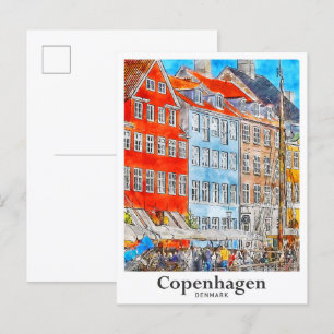 Copenhagen Denmark Travel Watercolor Sketch Postcard