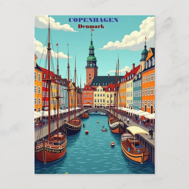 Copenhagen Denmark Vintage Travel Art Print – Retr Postcard (Front)