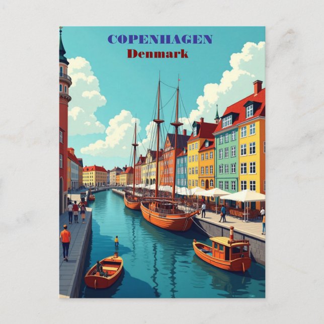 Copenhagen Denmark Vintage Travel Art Print – Retr Postcard (Front)
