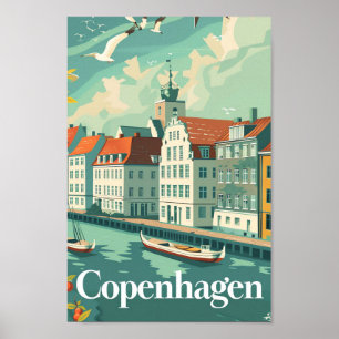 Copenhagen Denmark Vintage Travel Illustration Poster