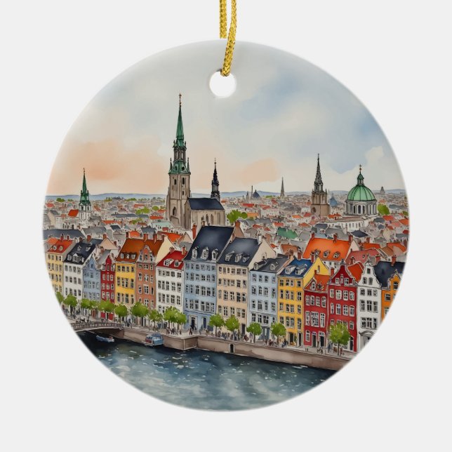 Copenhagen Denmark Watercolor Ceramic Ornament (Front)
