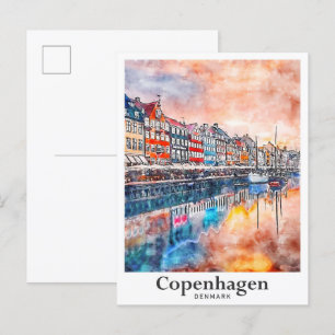 Copenhagen Denmark Watercolor Sketch Hand Drawn Postcard