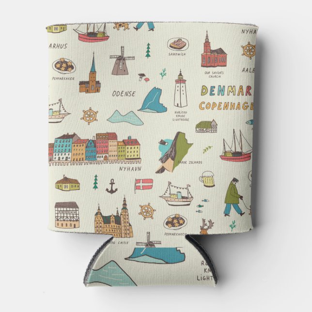 Copenhagen Doodles, Denmark Vintage Pattern. Can Cooler (Front)