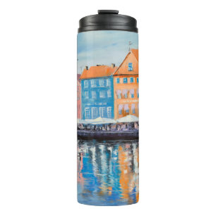Copenhagen in a shining day, colorful buildings an thermal tumbler