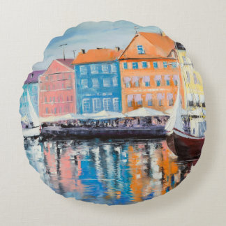Copenhagen in a shining day, colourful buildings a round pillow