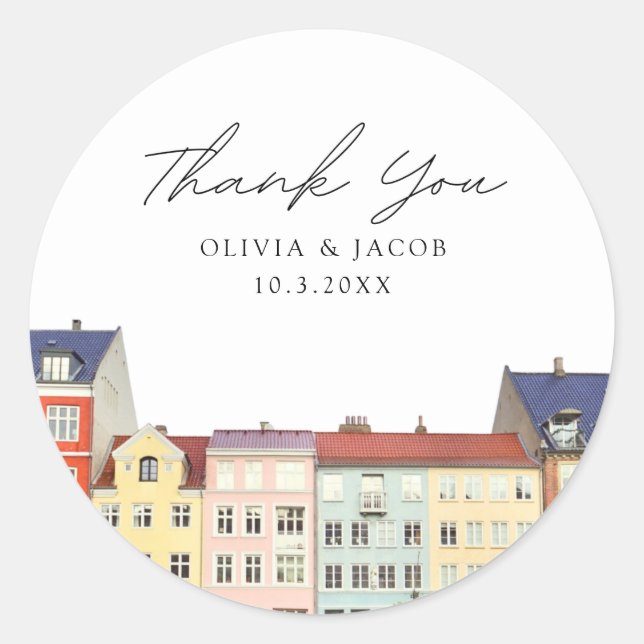 Copenhagen Wedding Favour Scenic Photo Thank You Classic Round Sticker (Front)