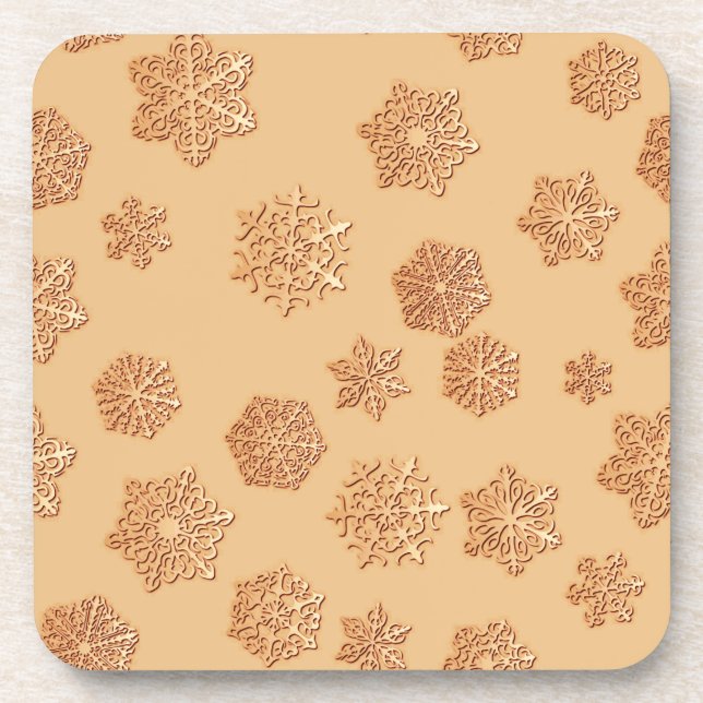 Copper 3-d snowflakes on a copper background coaster (Front)