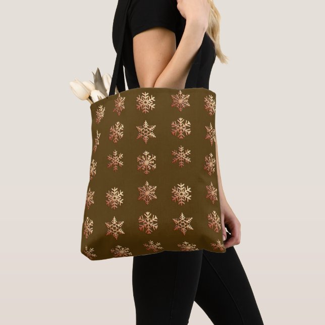 Copper 3-d snowflakes on Chocolate Brown  Tote Bag (Close Up)