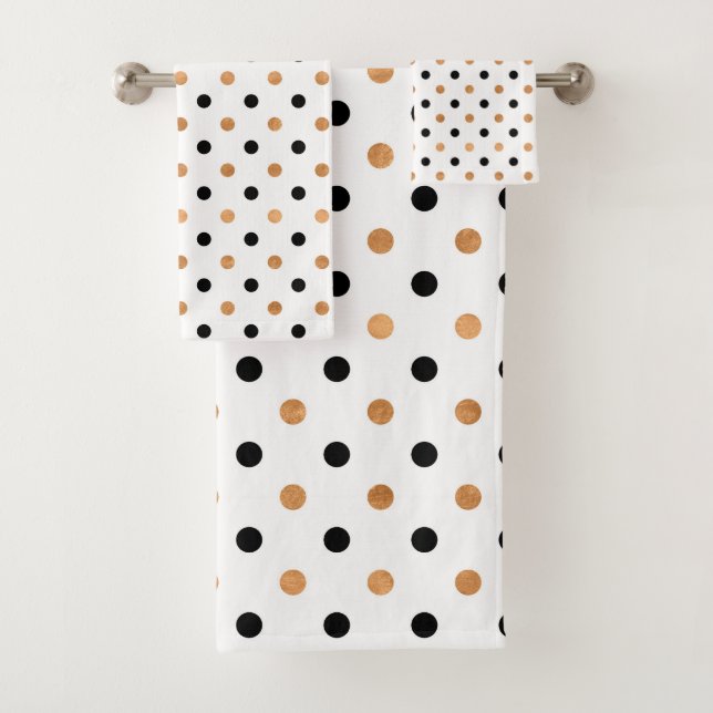 Copper and black dots pattern on white bath towel set (Insitu)