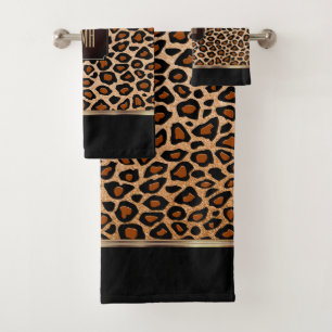Copper and Black Leopard Pattern with Monogram Bath Towel Set