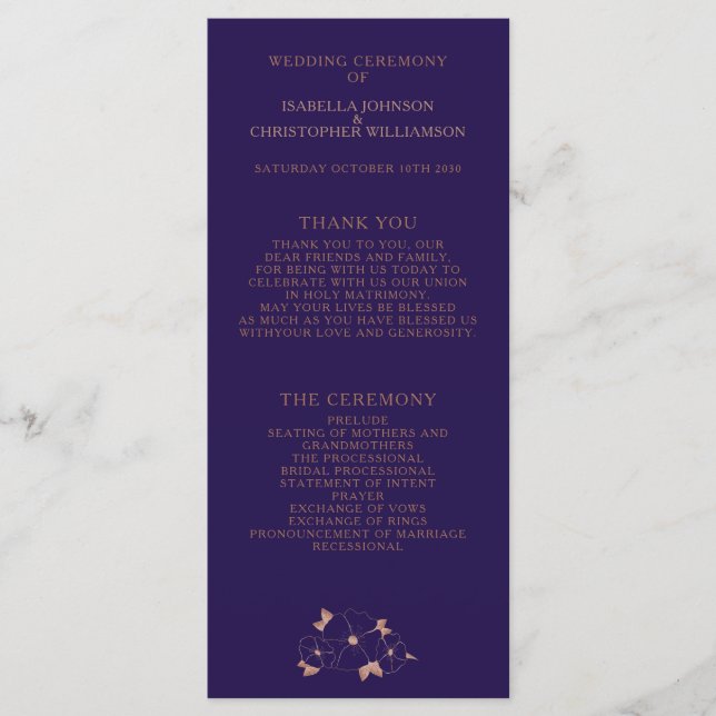 Copper and blue floral modern wedding program (Front)