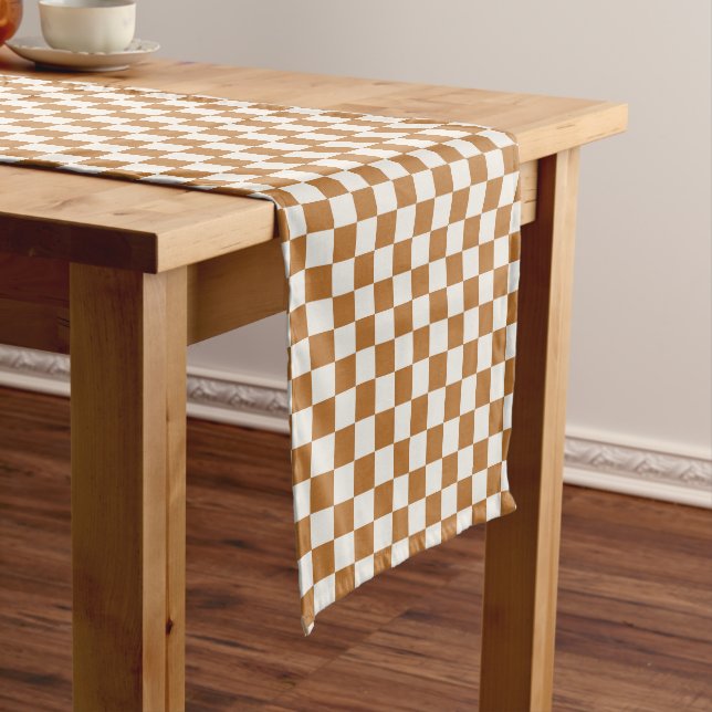 Copper and eggshell checkerboard pattern short table runner (In Situ)