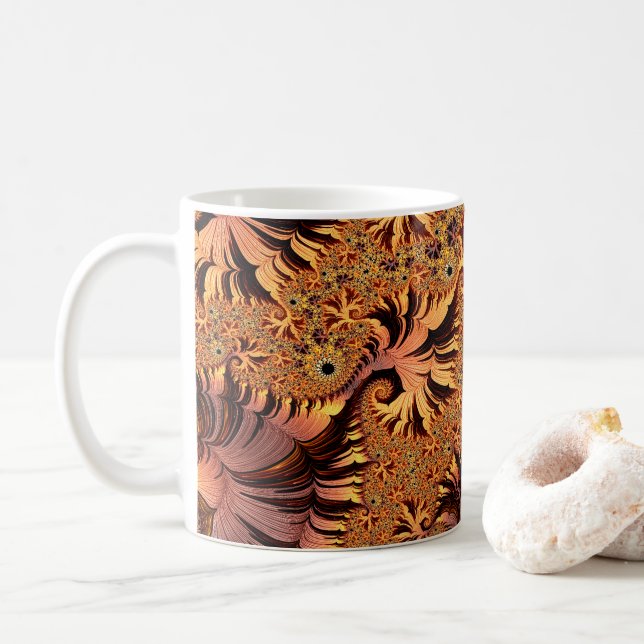 Copper and Gold Autumn Coloured Leaves Fractal Art Coffee Mug (With Donut)