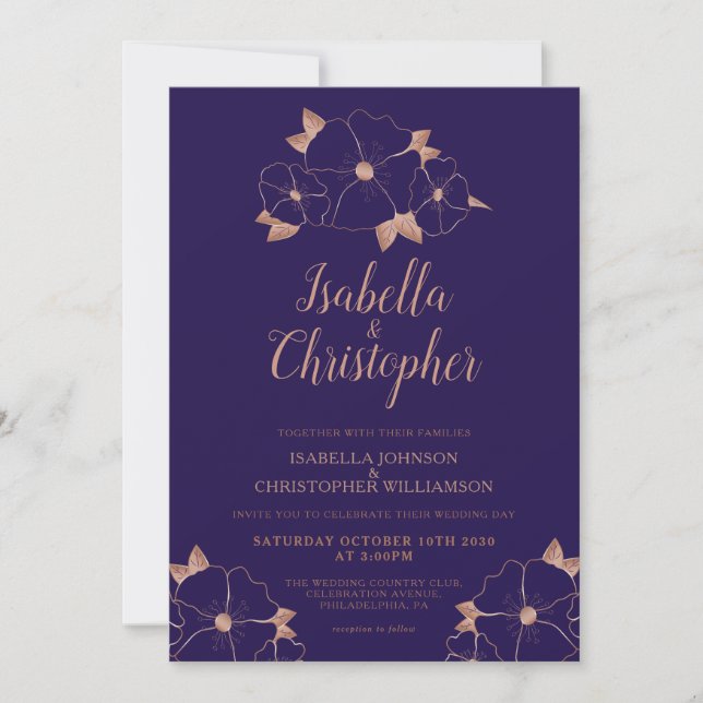 Copper and midnight blue floral modern wedding invitation (Front)