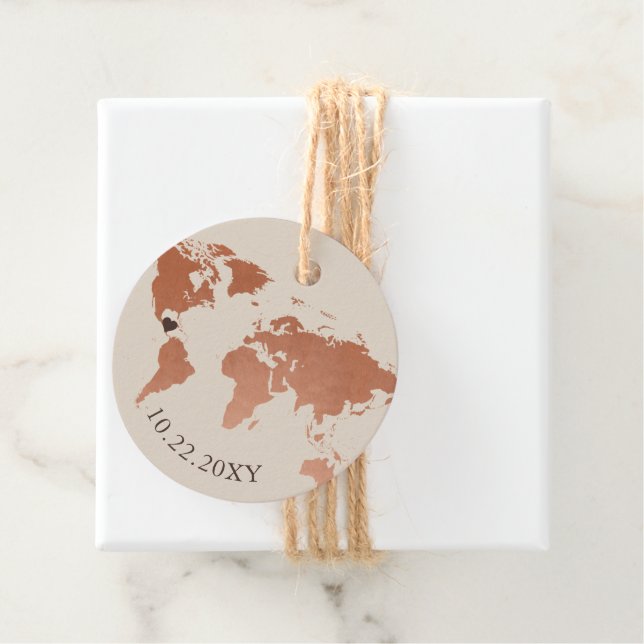 Copper and Sepia World Map Favour Tag (In Situ)