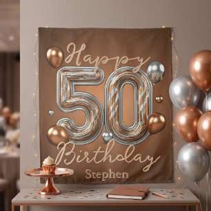 Copper and Silver Metallic Balloon 50th Birthday Tapestry