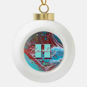 Copper and Teal Acrylic Flow Art Ceramic Ball Christmas Ornament