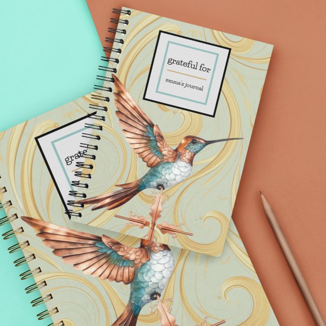 Copper and Turqoise Hummingbird with Gold Notebook (Copper and blue hummingbird on a swirled background notebook for you to personalize. )