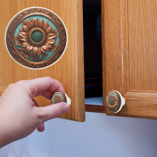 Copper and Turquois Sunflower Ceramic Knob