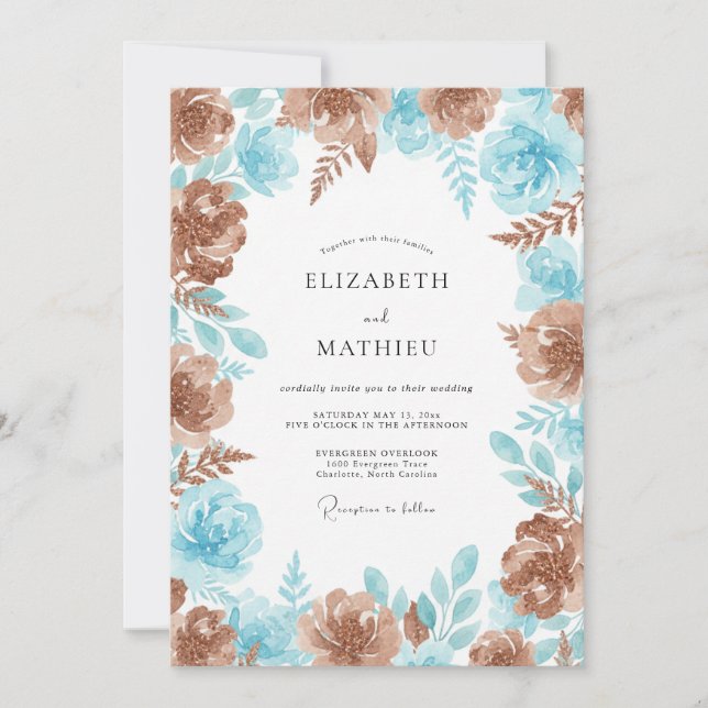 Copper Aqua Peony Wedding Invitation (Front)