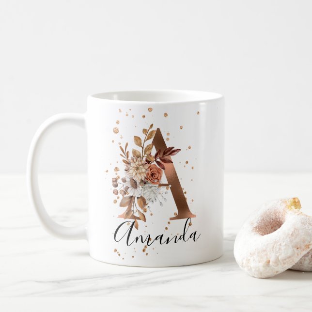 Copper Autumn Floral Letter A Fall Flowers Coffee Mug (With Donut)