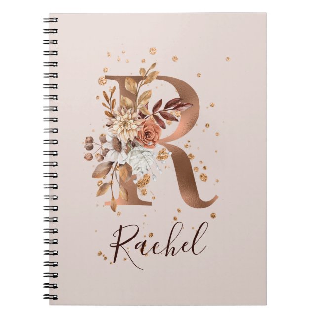 Copper Autumn Floral Letter R Fall Flowers Notebook (Front)