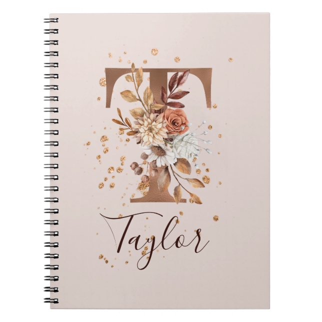 Copper Autumn Floral Letter T Fall Flowers Notebook (Front)