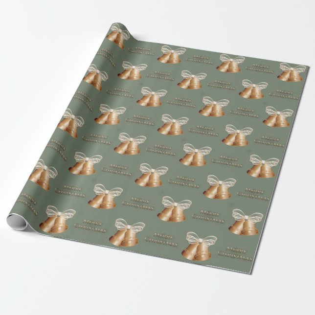 Copper Bells & Cream Bow Merry Christmas Wrapping Paper (Unrolled)