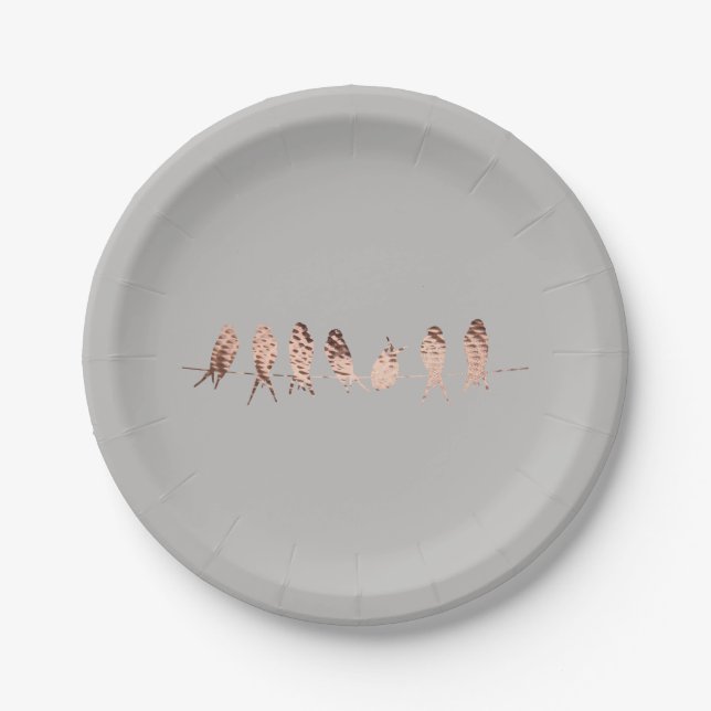Copper Birds on Wire on Grey | Paper Plates (Front)