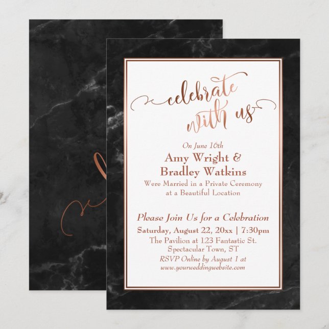 Copper Black Marble Celebrate with Us Wedding Fun Invitation (Front/Back)
