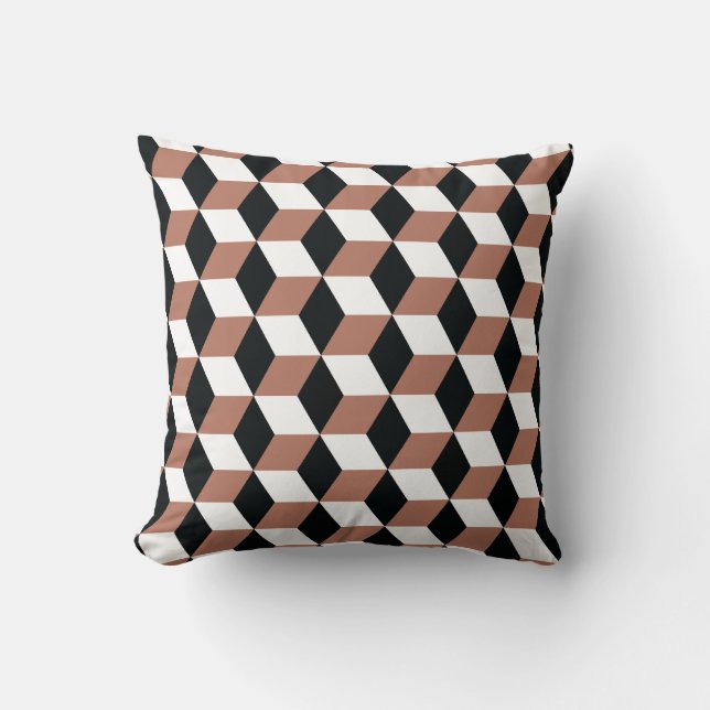 Copper Black & White 3D Cubes Pattern Throw Pillow (Front)