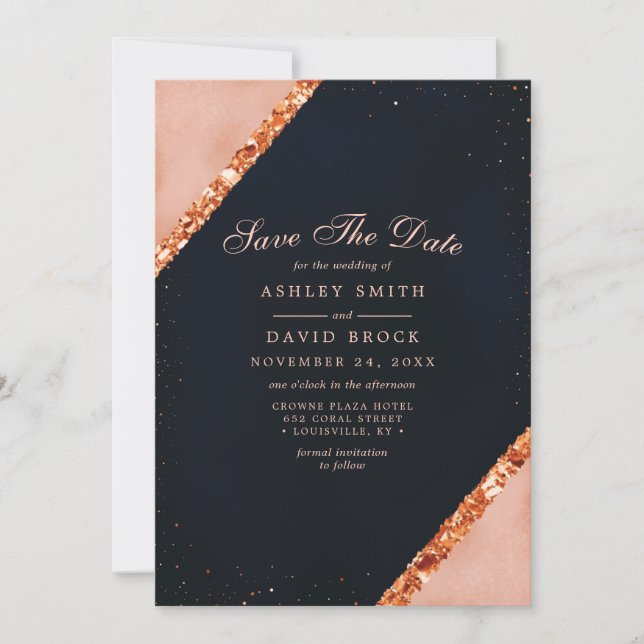 Copper Blush Pink Navy Geometric Save The Date (Front)