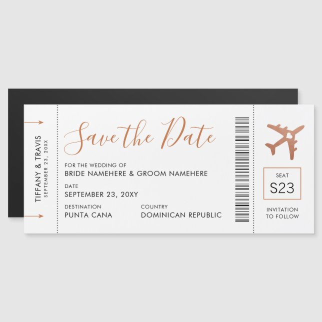 Copper Boarding Pass Ticket Save the Date Magnet (Front/Back)