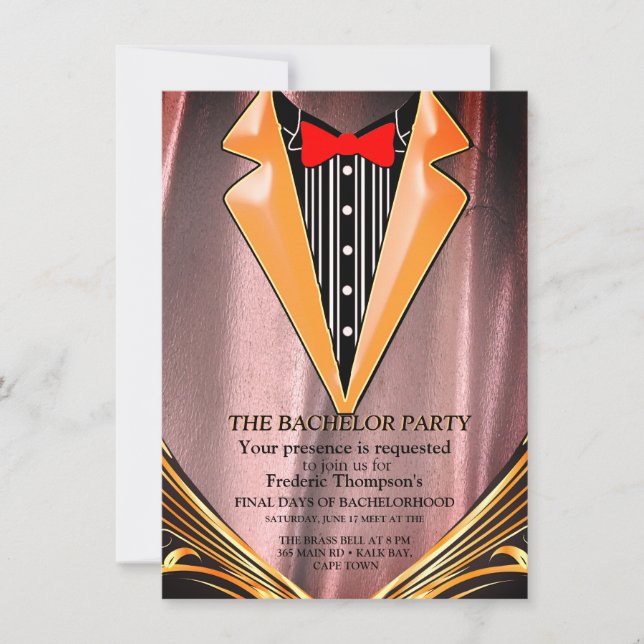 Copper/Brass Satin  & Graphic Bachelor invitation (Front)