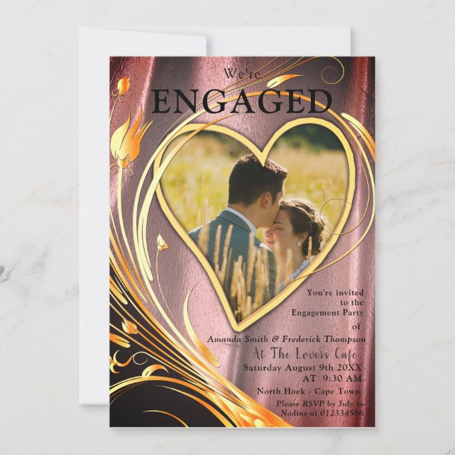 Copper/Brass Satin  & Graphic Flower  Engagement Invitation (Front)