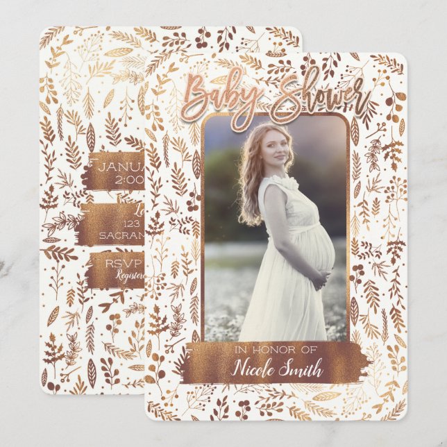 Copper Bronze Gold Foil Modern Baby Shower Photo Invitation (Front/Back)