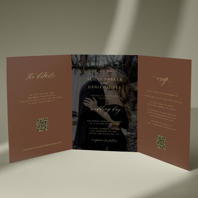 Copper brown gold photo wedding RSVP details QR Tri-Fold Invitation (Creator Uploaded)