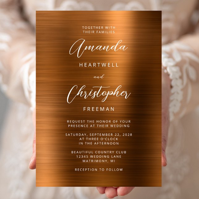 Copper Brushed Metal Script Wedding Invitation (Creator Uploaded)