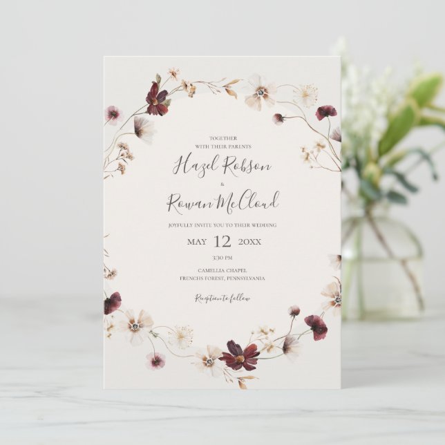 Copper Burgundy Wildflower | Beige Casual Wedding Invitation (Standing Front)