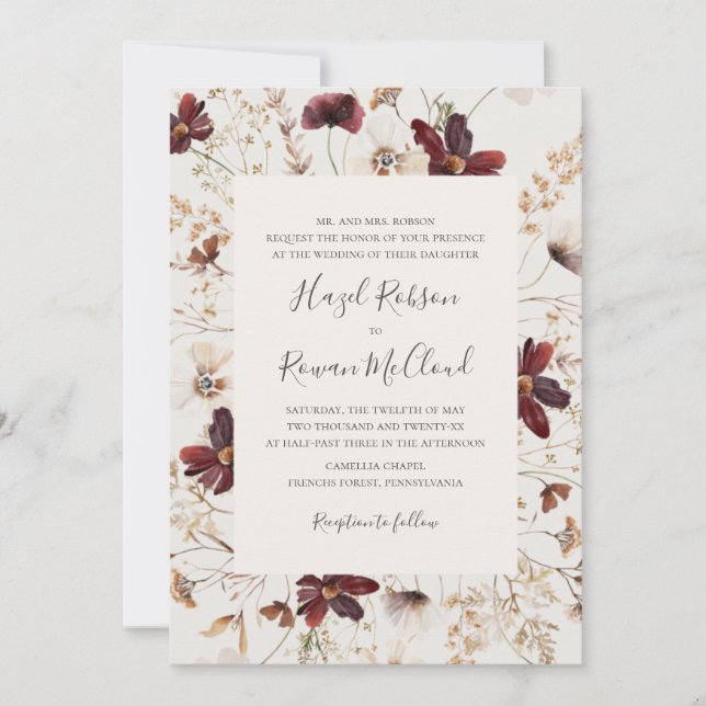Copper Burgundy Wildflower | Beige Traditional Invitation (Front)
