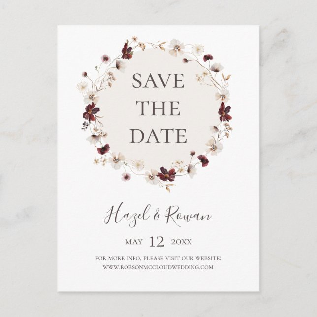Copper Burgundy Wildflower Save The Date Postcard (Front)