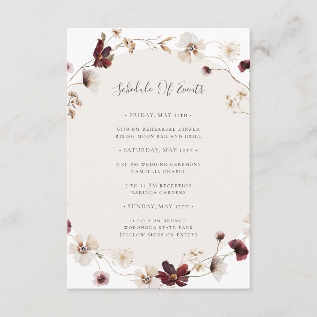 Copper Burgundy Wildflower | Schedule of Events Enclosure Card (Front)