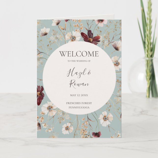 Copper Burgundy Wildflower | Teal Folded Wedding Program (Front)